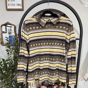 Woolrich Top Women Medium Brown Yellow Cowl Neck Western Casual Shirt size M